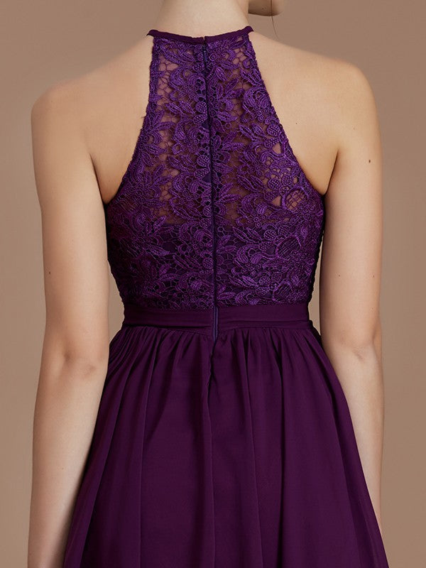 Wholesale A-Line/Princess Halter Sleeveless Lace Short/Mini Chiffon Bridesmaid Dresses